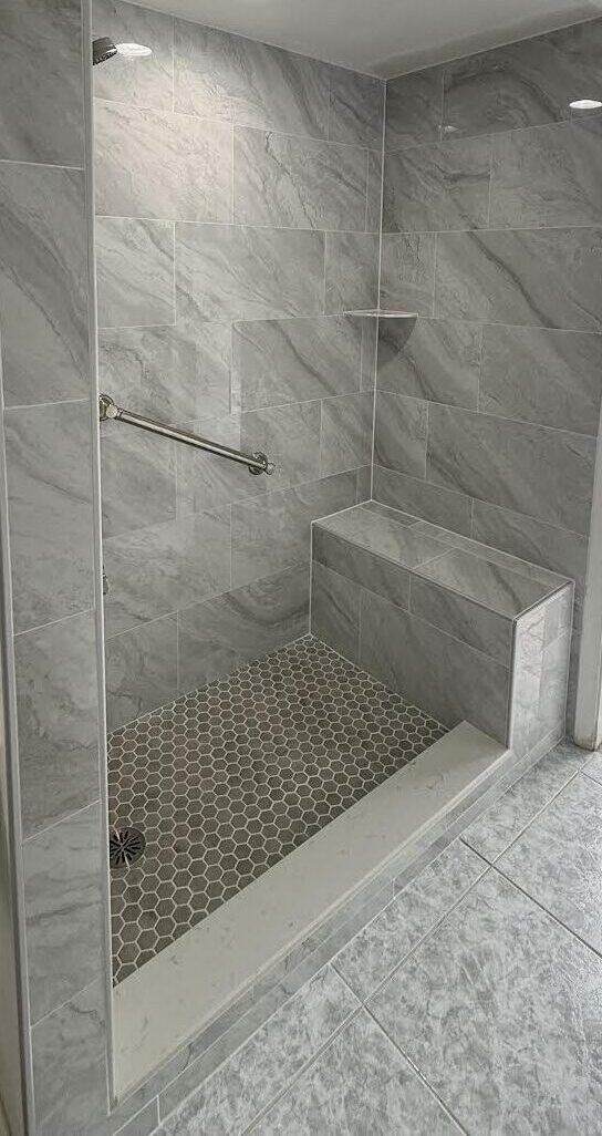 Tub to shower conversion with built-in bench